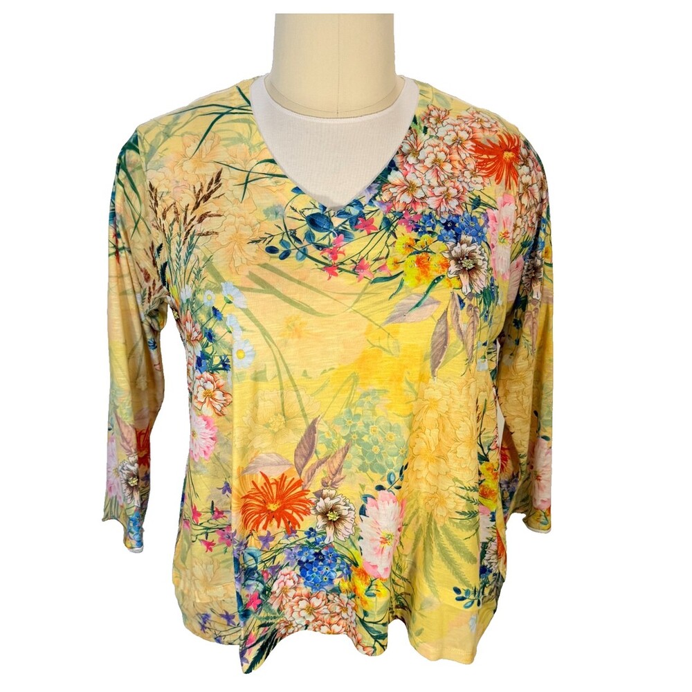 Concepts Tunic Top Women's XXXL Yellow Floral Beaded Accent V-Neck 3/4 Slee
